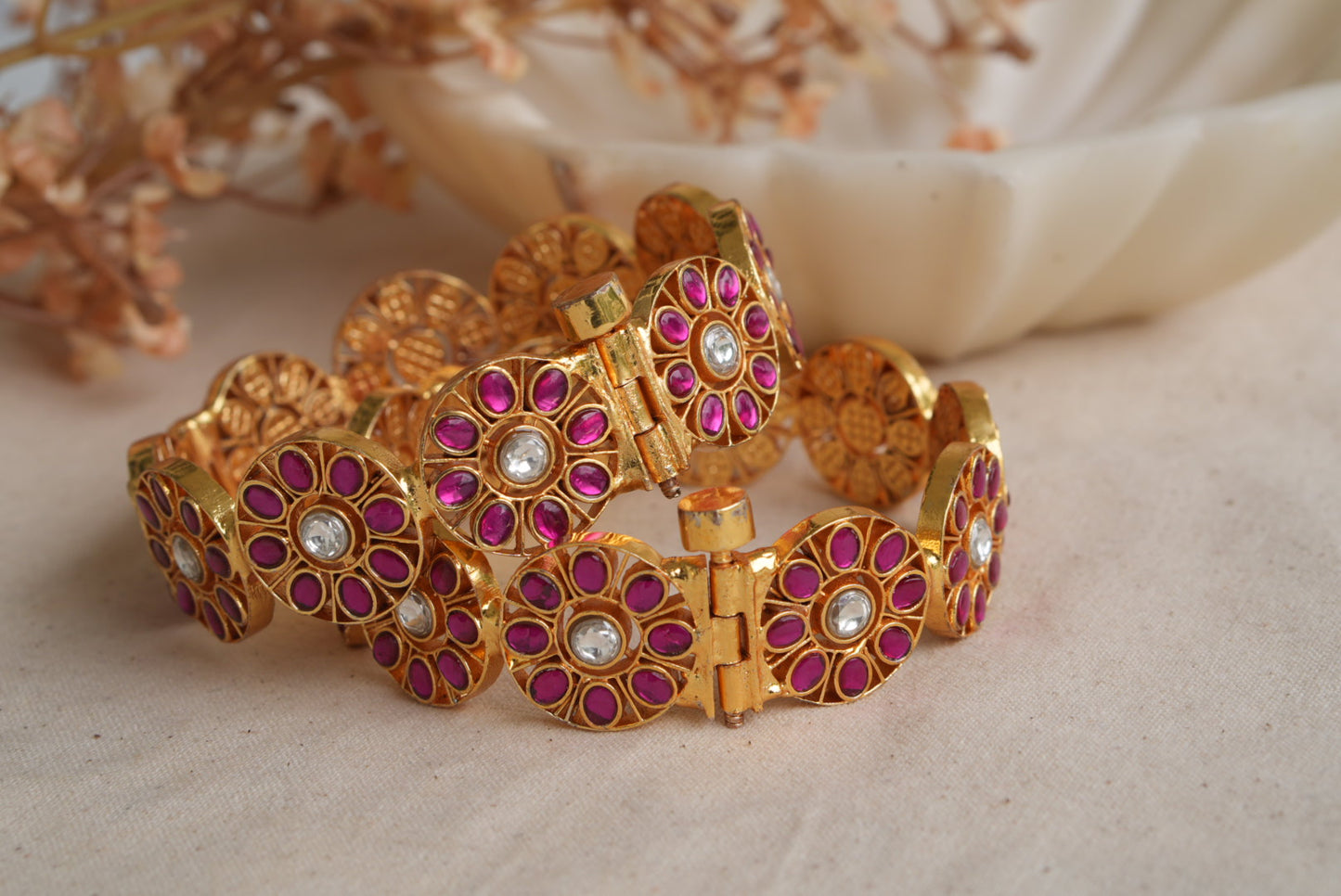 Pink and white Kundan Bangles (3-486)(KA)(2'8size) (PREORDER) (Made IN 7-8 DAYS TIME) - JEWELSTYLE