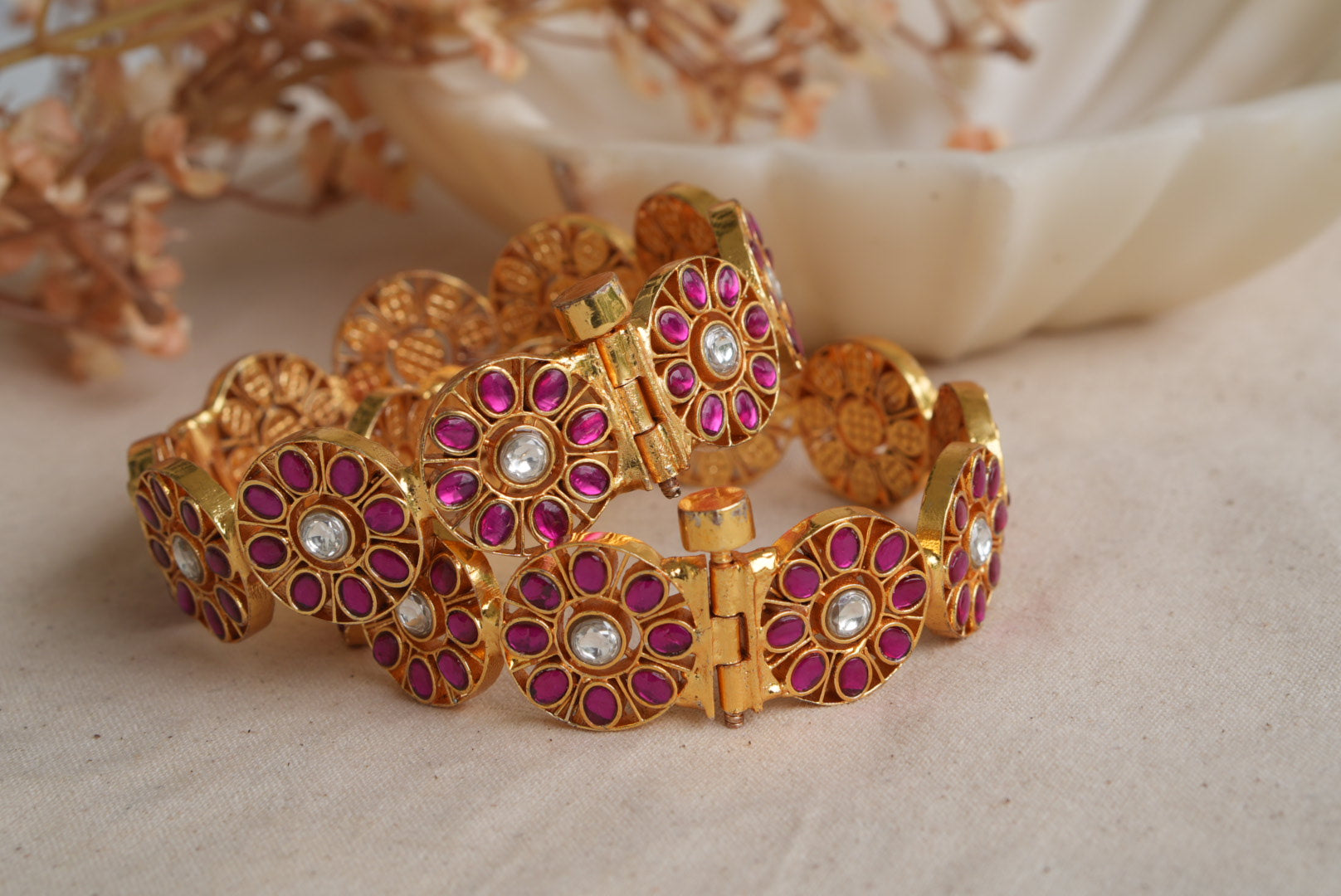 Pink and white Kundan Bangles (3-486)(KA)(2'8size) (PREORDER) (Made IN 7-8 DAYS TIME) - JEWELSTYLE