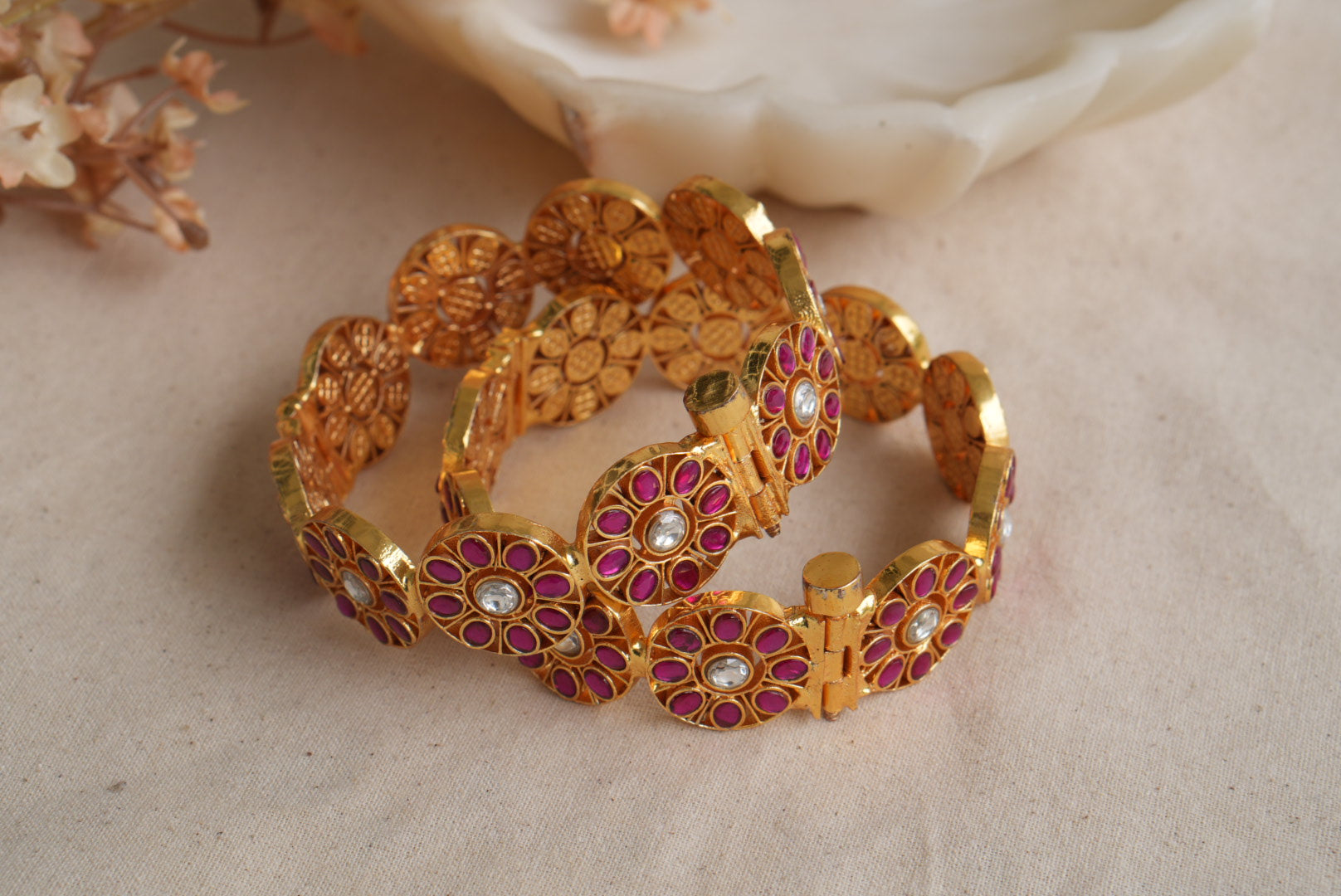 Pink and white Kundan Bangles (3-486)(KA)(2'8size) (PREORDER) (Made IN 7-8 DAYS TIME) - JEWELSTYLE