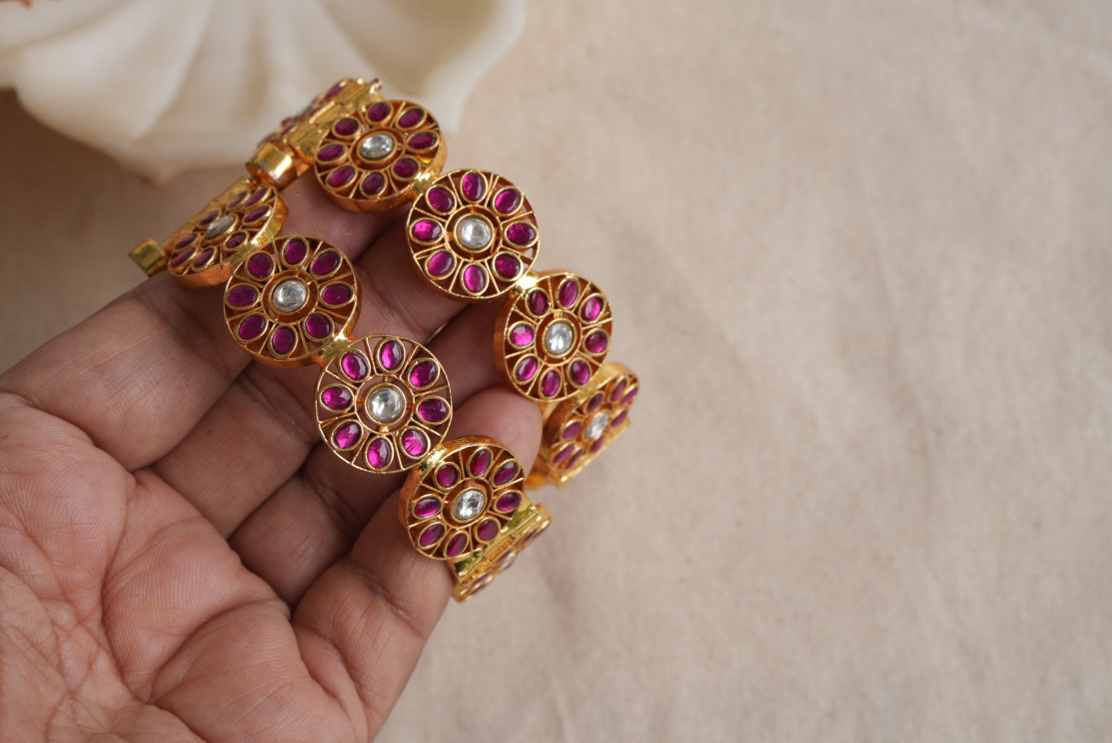 Pink and white Kundan Bangles (3-486)(KA)(2'8size) (PREORDER) (Made IN 7-8 DAYS TIME) - JEWELSTYLE