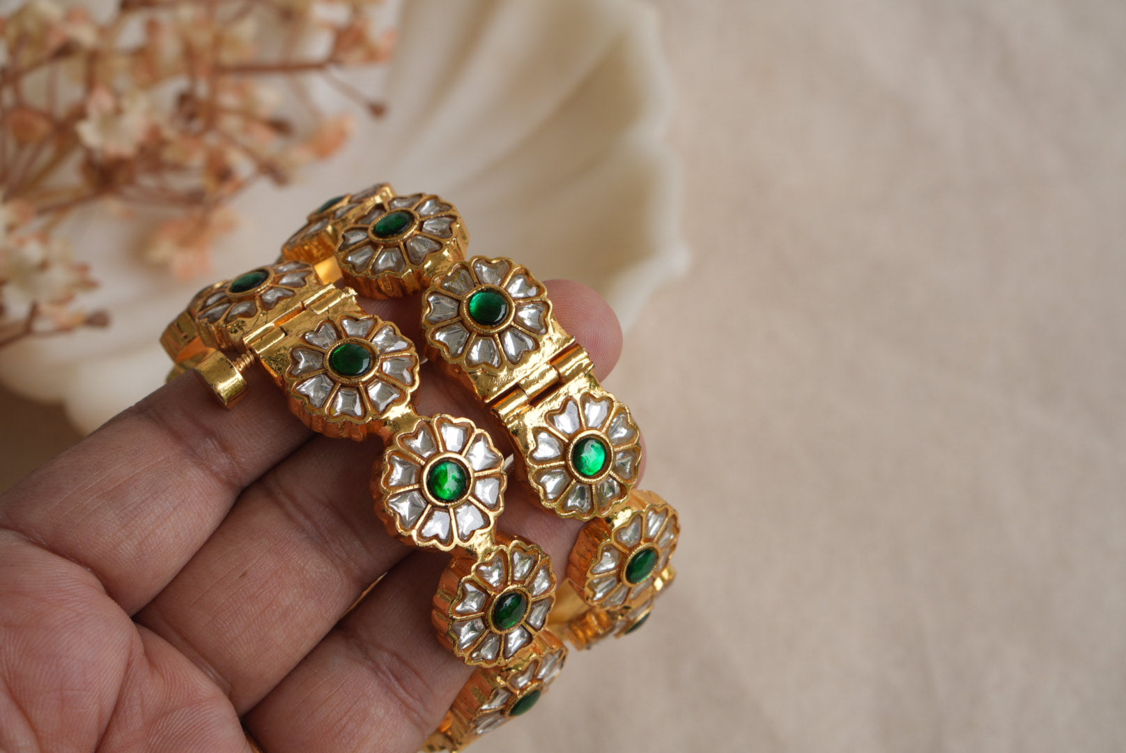 Green and white Kundan Bangles (3-483)(KA) (PREORDER) (Made IN 7-8 DAYS TIME) - JEWELSTYLE