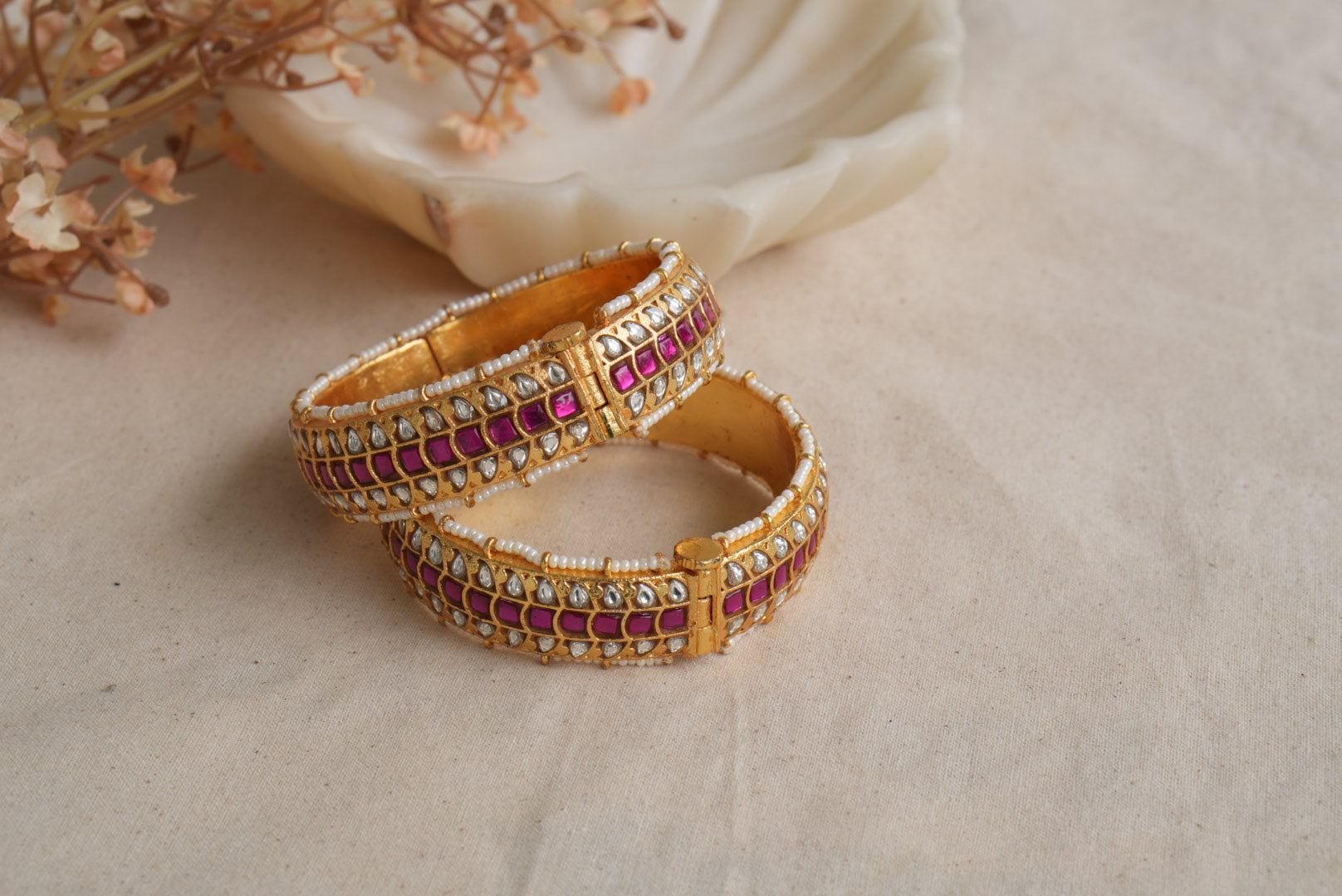 Pink and white Kundan Bangles (3-484)(KA) (PREORDER) (Made IN 7-8 DAYS TIME) - JEWELSTYLE