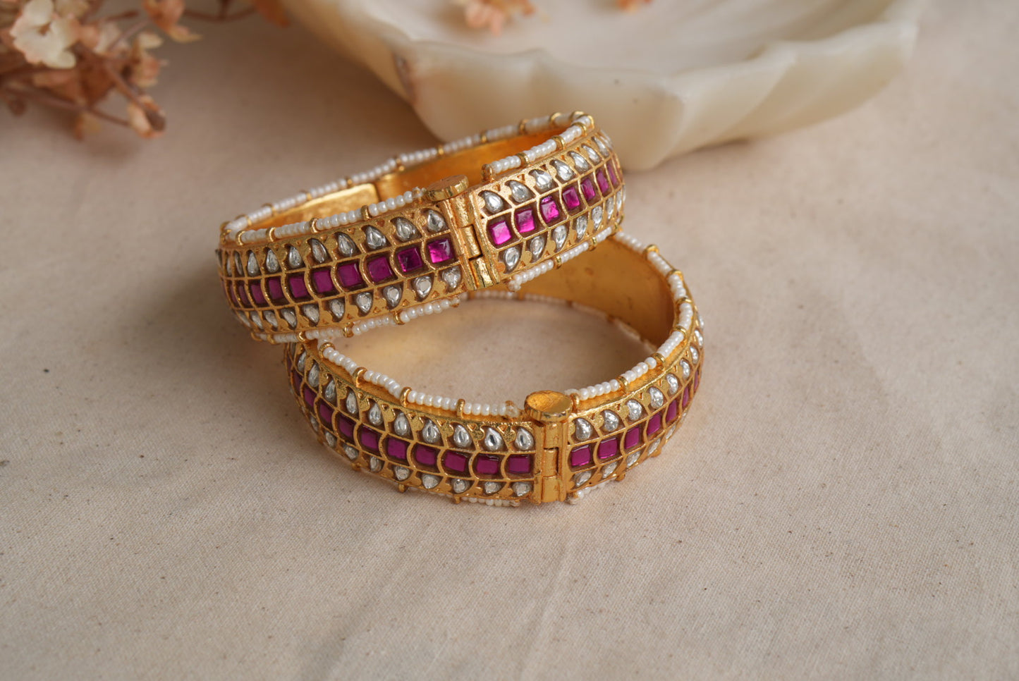 Pink and white Kundan Bangles (3-484)(KA) (PREORDER) (Made IN 7-8 DAYS TIME) - JEWELSTYLE