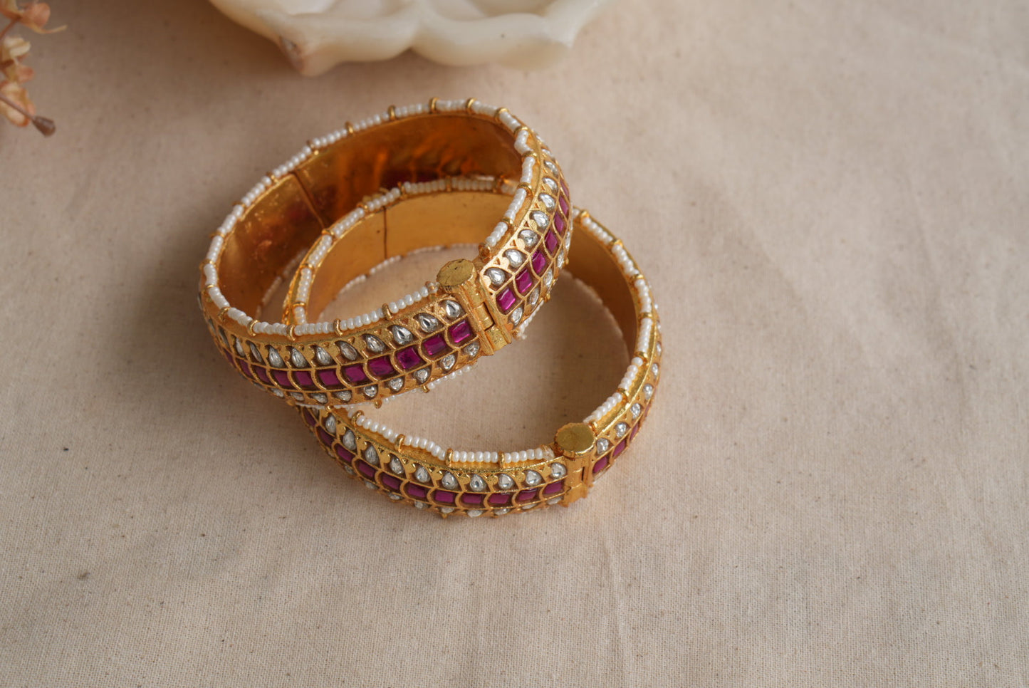 Pink and white Kundan Bangles (3-484)(KA) (PREORDER) (Made IN 7-8 DAYS TIME) - JEWELSTYLE