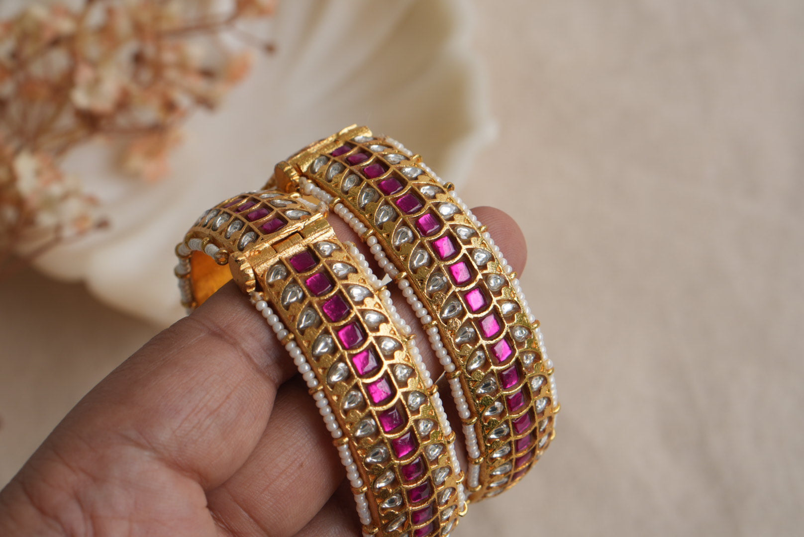 Pink and white Kundan Bangles (3-484)(KA) (PREORDER) (Made IN 7-8 DAYS TIME) - JEWELSTYLE