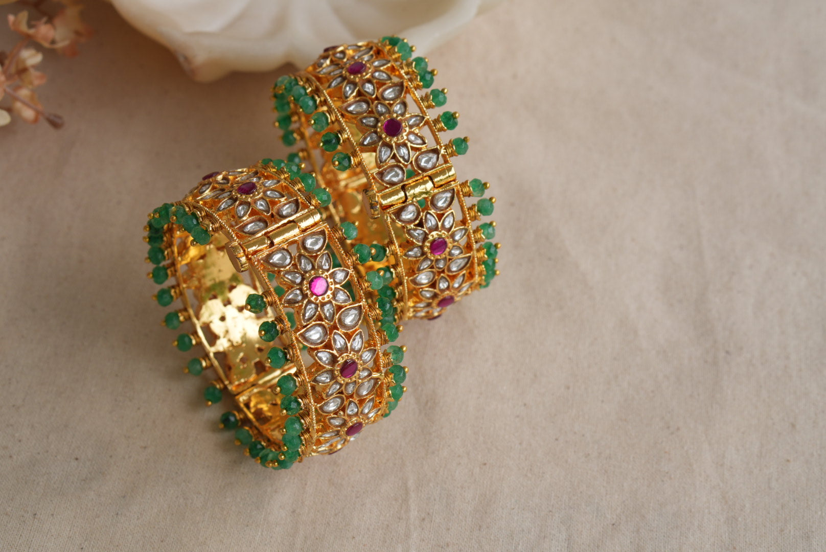 Pink and white Kundan Bangles (3-485)(KA)(2'4size)(PREORDER) (Made IN 7-8 DAYS TIME) - JEWELSTYLE