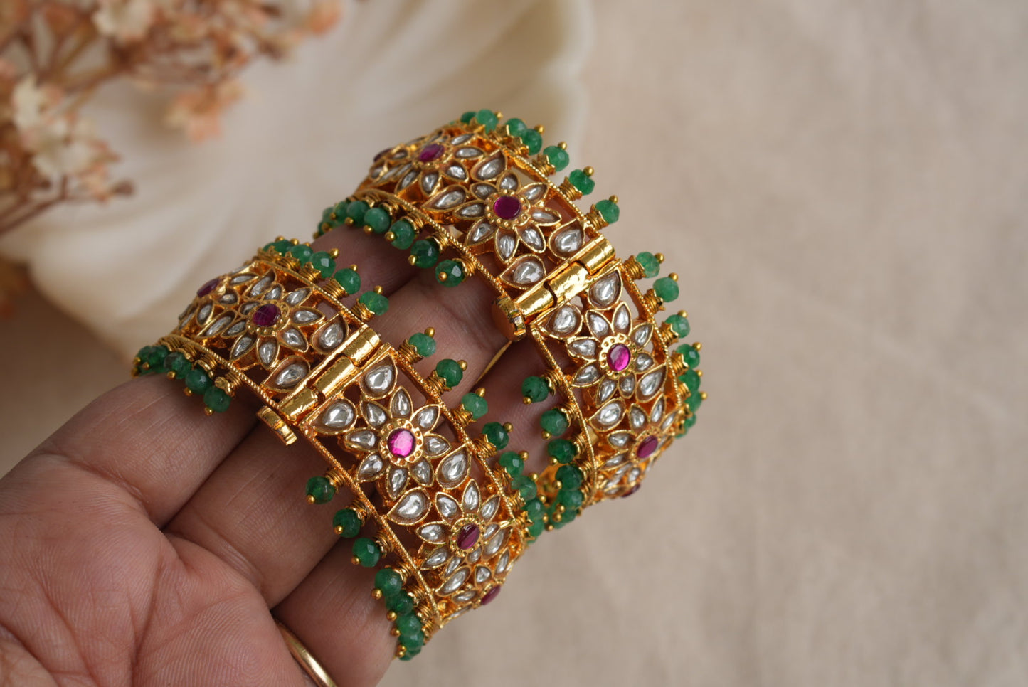 Pink and white Kundan Bangles (3-485)(KA)(2'4size)(PREORDER) (Made IN 7-8 DAYS TIME) - JEWELSTYLE