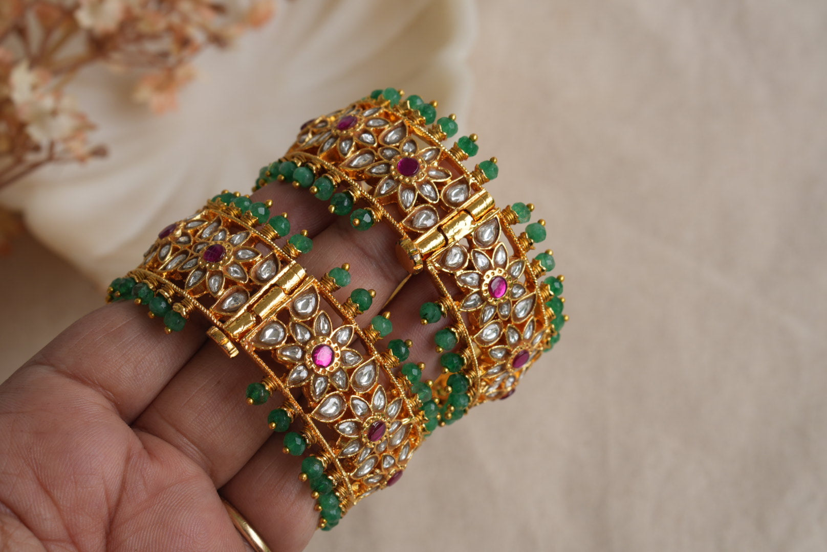 Pink and white Kundan Bangles (3-485)(KA)(2'4size)(PREORDER) (Made IN 7-8 DAYS TIME) - JEWELSTYLE