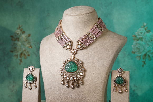 Light Pink stone Polki necklace set (4-8497)(B)