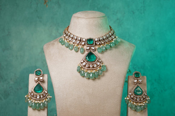 White & Green stone Polki necklace set (4-8492)(B)
