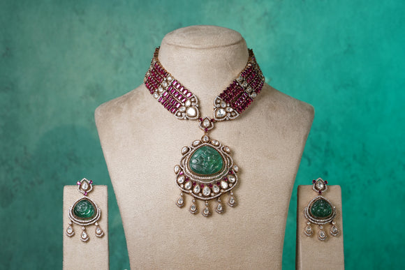 White, Green & Red stone Polki necklace set  (4-8491)(B)