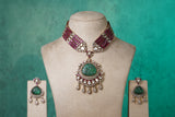 White, Green & Red stone Polki necklace set  (4-8491)(B)