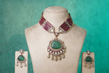 White, Green & Red stone Polki necklace set  (4-8491)(B)