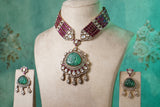 White, Green & Red stone Polki necklace set  (4-8491)(B)
