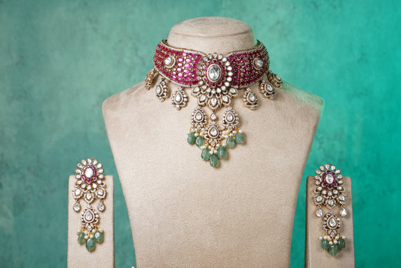 Pink stone Polki necklace set (4-8494)(B)