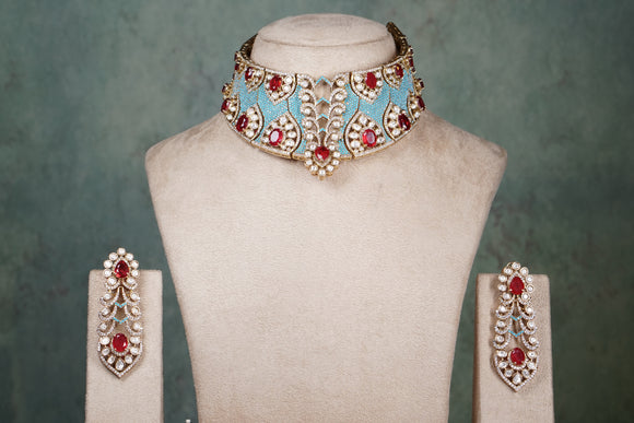 Turquoise & Red stone Polki choker set  (4-8490)(B)