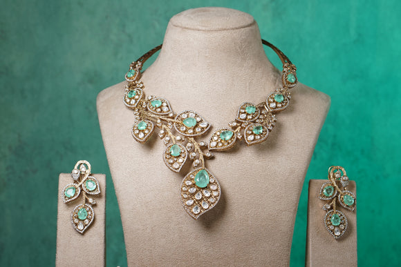 Mint stone Polki necklace set (4-8496)(B)