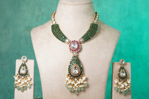 Green stone Polki necklace set (4-8493)(B)