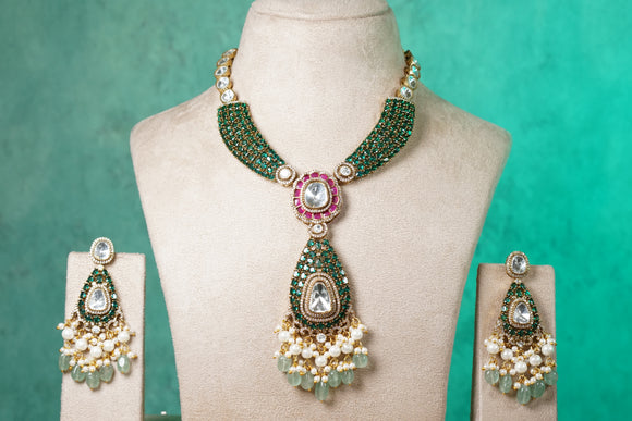 Green stone Polki necklace set (4-8493)(B)