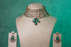 White & Green stone Polki necklace set (4-8498)(B)