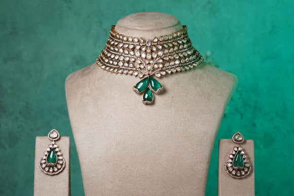 White & Green stone Polki necklace set (4-8498)(B)