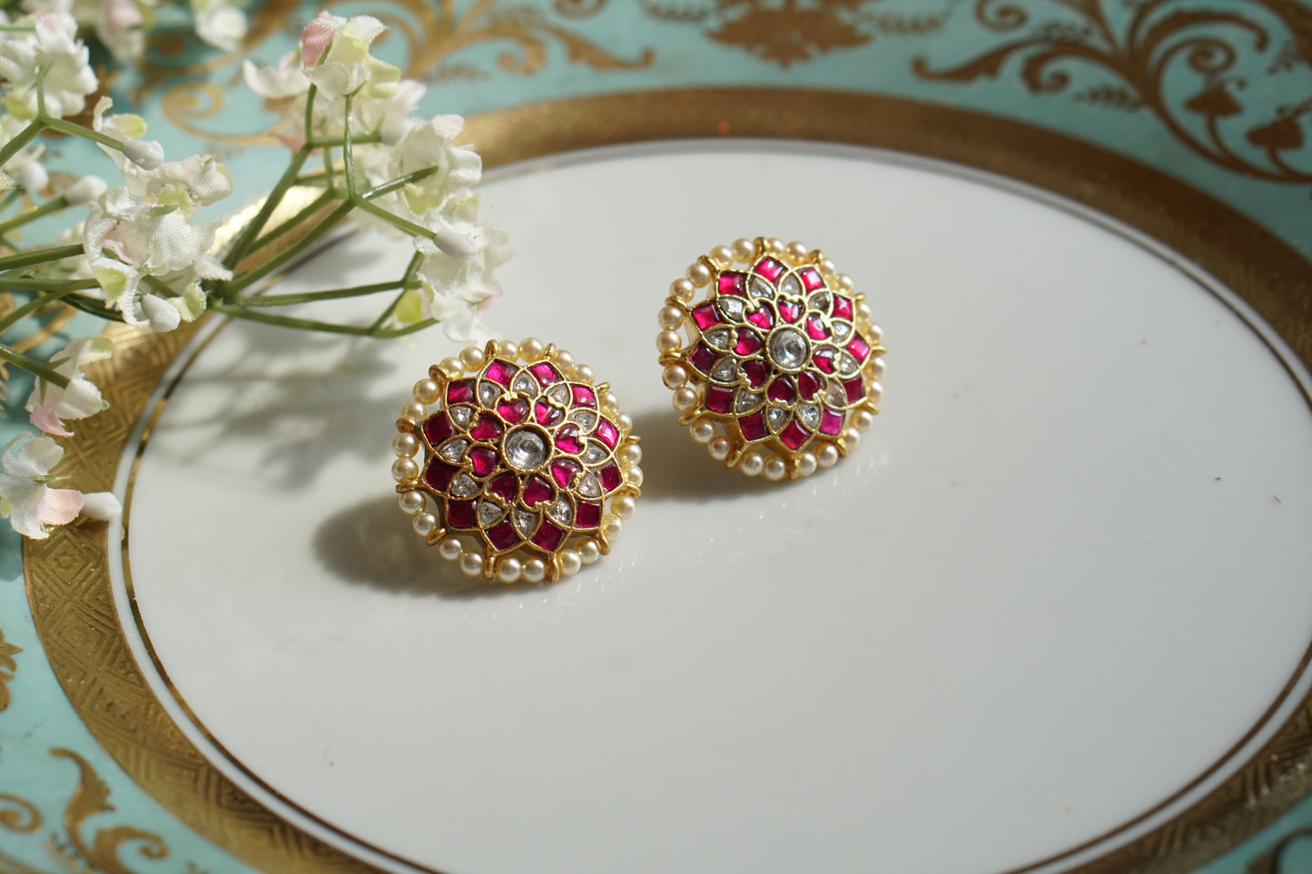 Pink & White Kundan Studs (1-4675)(K)(PREORDER)