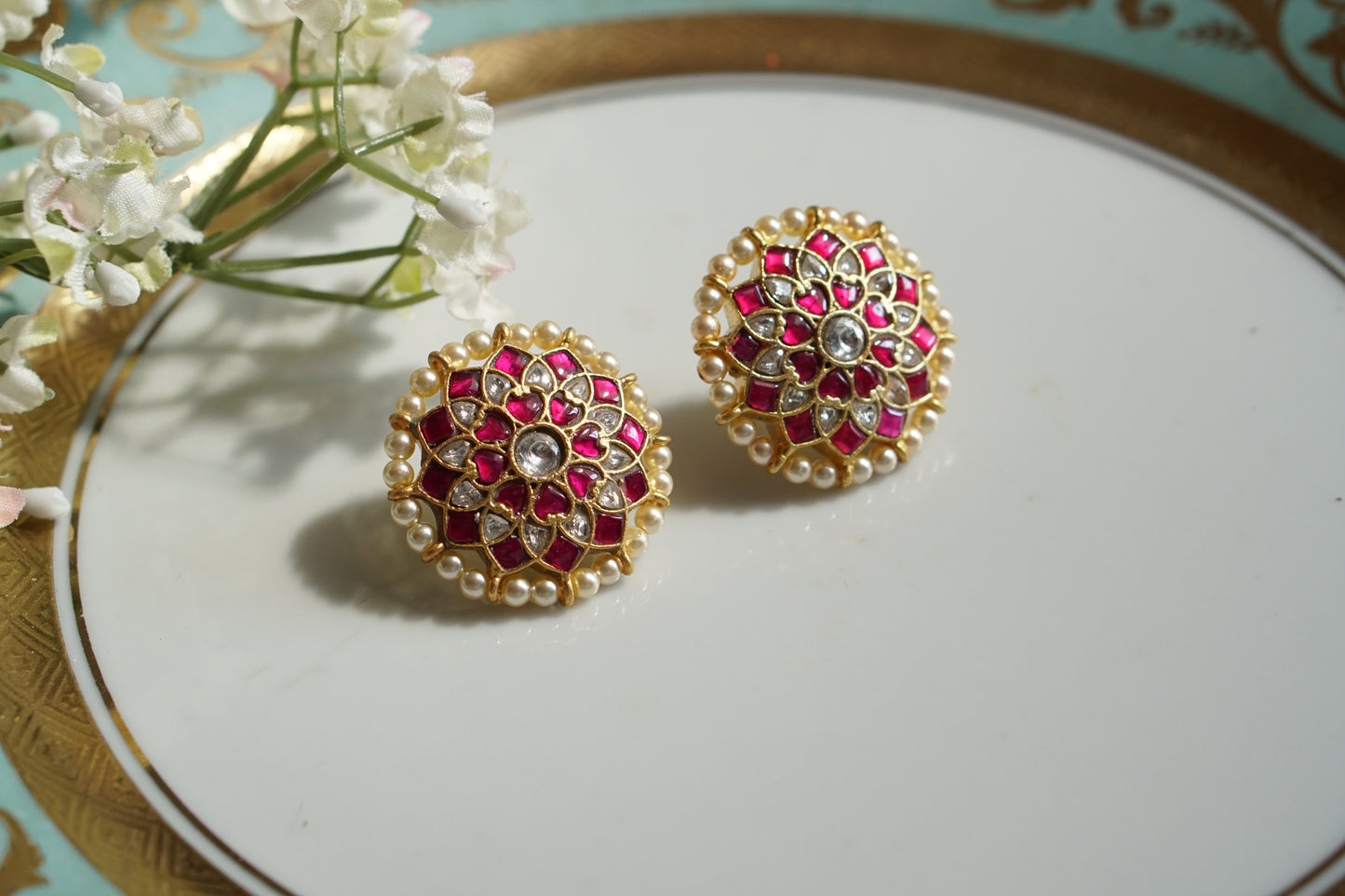 Pink & White Kundan Studs (1-4675)(K)(PREORDER)