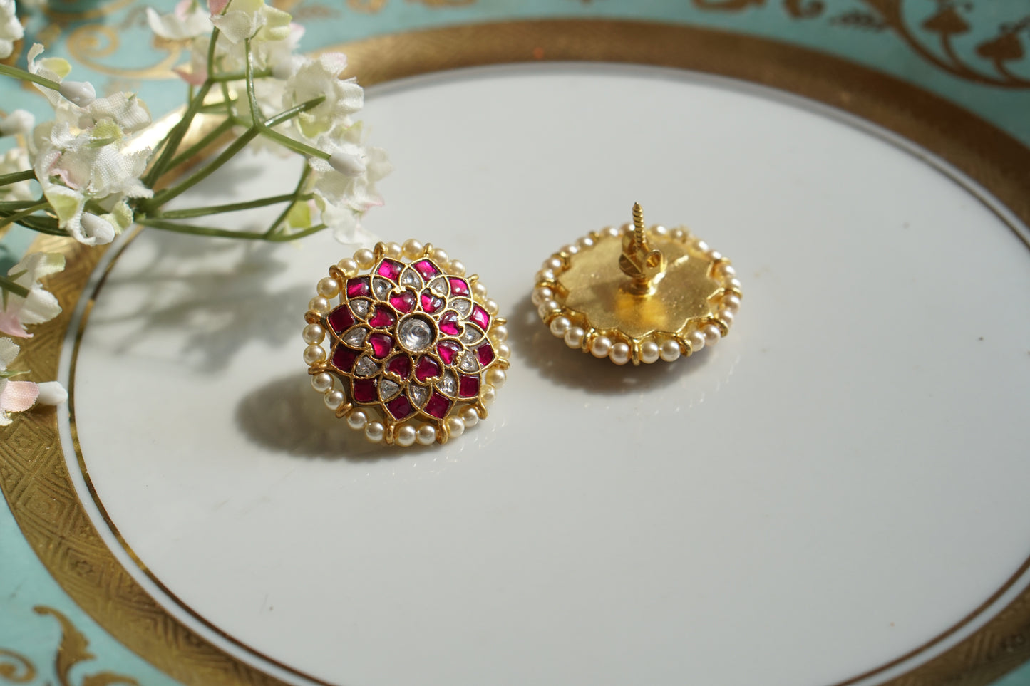 Pink & White Kundan Studs (1-4675)(K)(PREORDER)