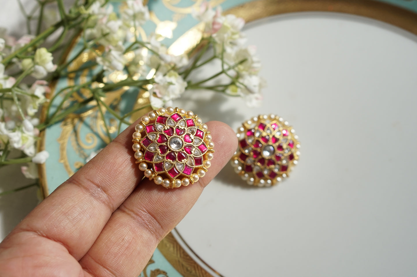 Pink & White Kundan Studs (1-4675)(K)(PREORDER)