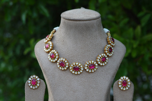 Pink stone kundan necklace set (4-6852)(R)(PREORDER)