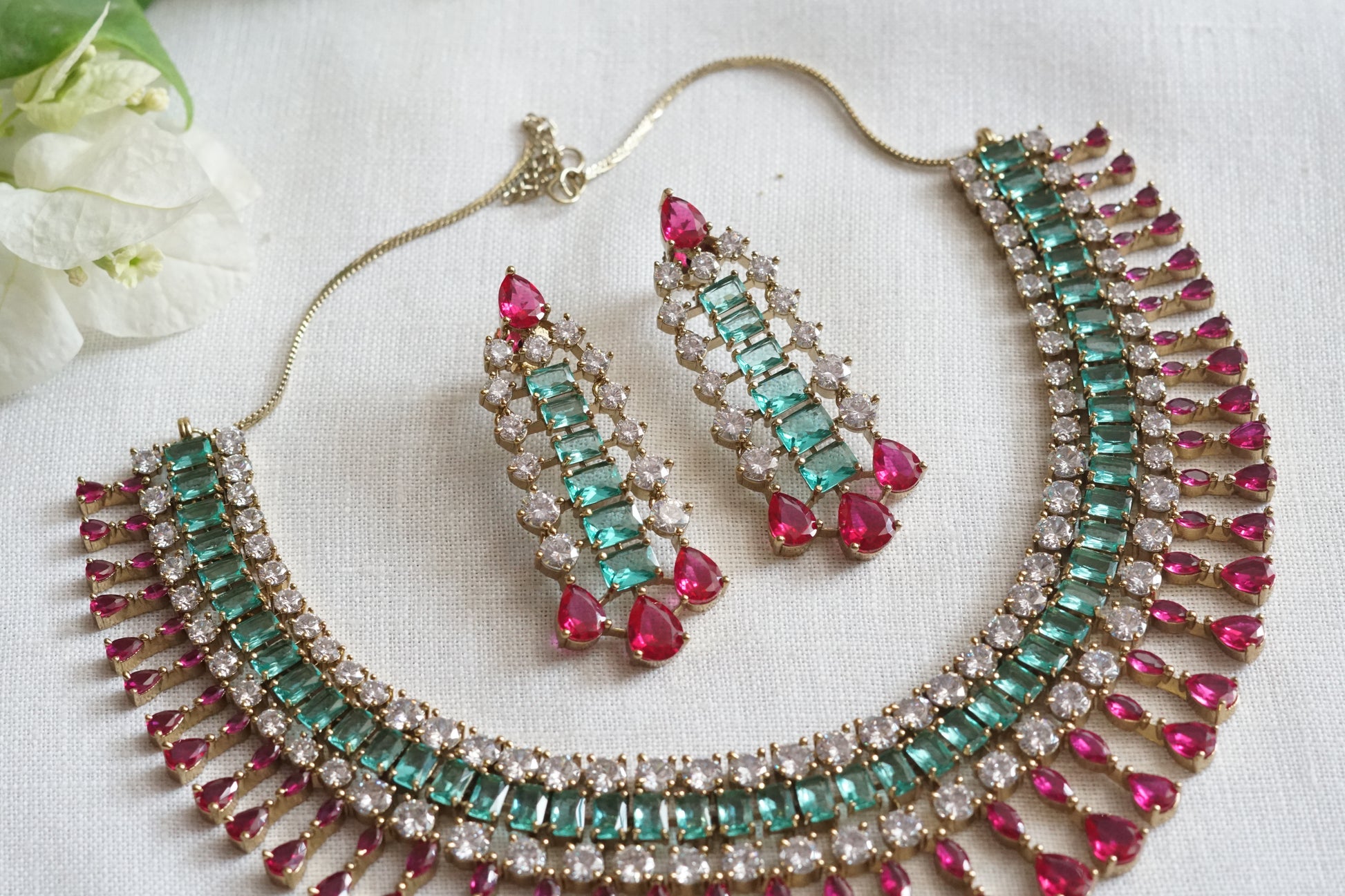 Pink and aqua stone Necklace Set (4-9137)(from turkey) - JEWELSTYLE