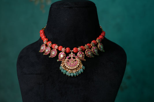 Kundan Coral Mango Necklace (4-9022)(K)