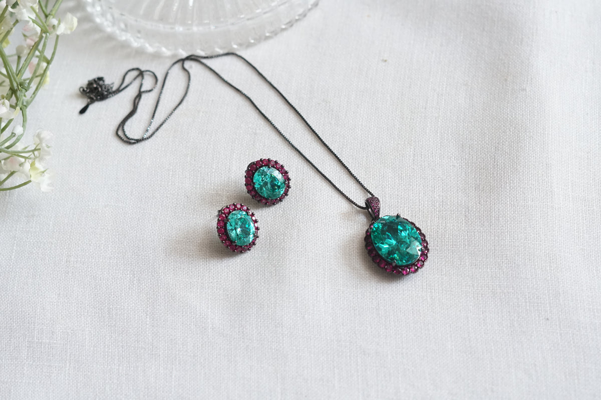 Ruby stone and aqua stone Pendant Set (4-9138)(from turkey) - JEWELSTYLE