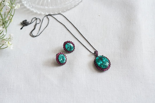 Ruby stone and aqua stone Pendant Set (4-9138)(from turkey) - JEWELSTYLE