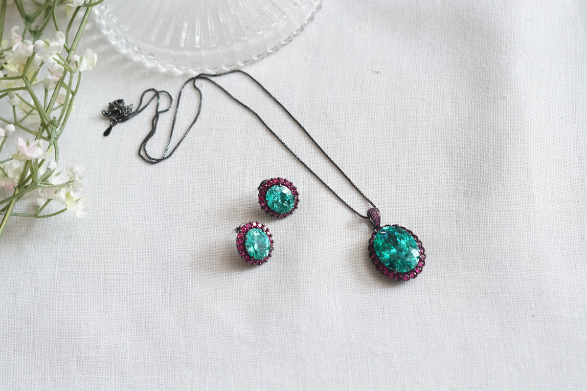 Ruby stone and aqua stone Pendant Set (4-9138)(from turkey) - JEWELSTYLE