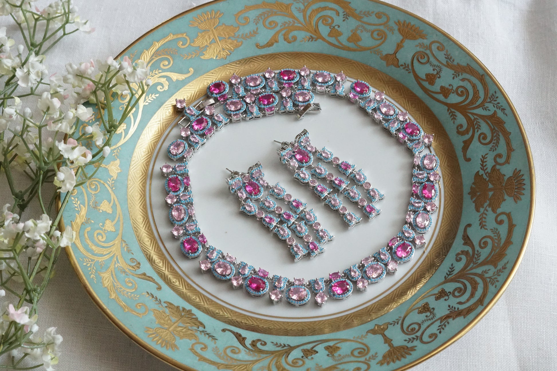 Pink and Turquoise Necklace Set (4-9136)(from turkey) - JEWELSTYLE