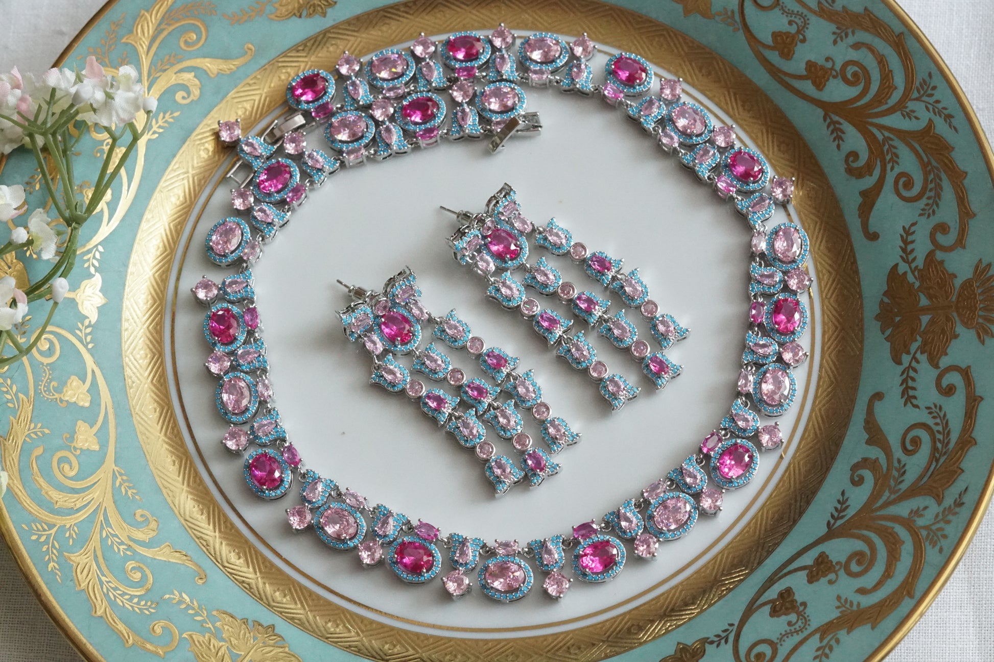 Pink and Turquoise Necklace Set (4-9136)(from turkey) - JEWELSTYLE