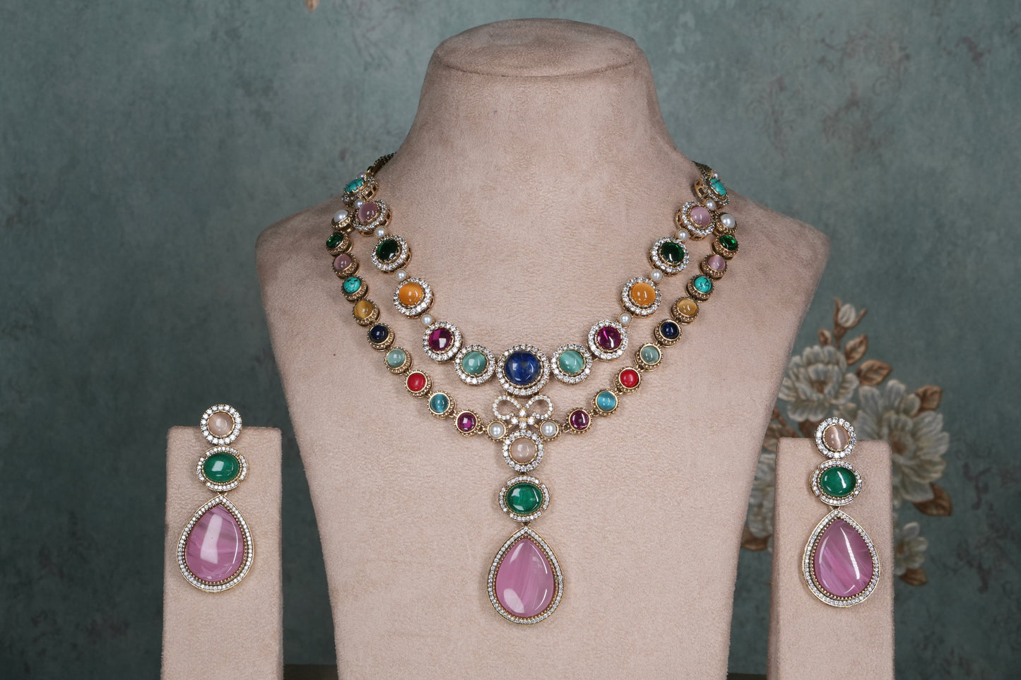 Multi Stone Polki Necklace Set(4-9045)(B)