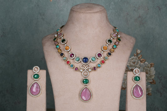 Multi Stone Polki Necklace Set(4-9045)(B)
