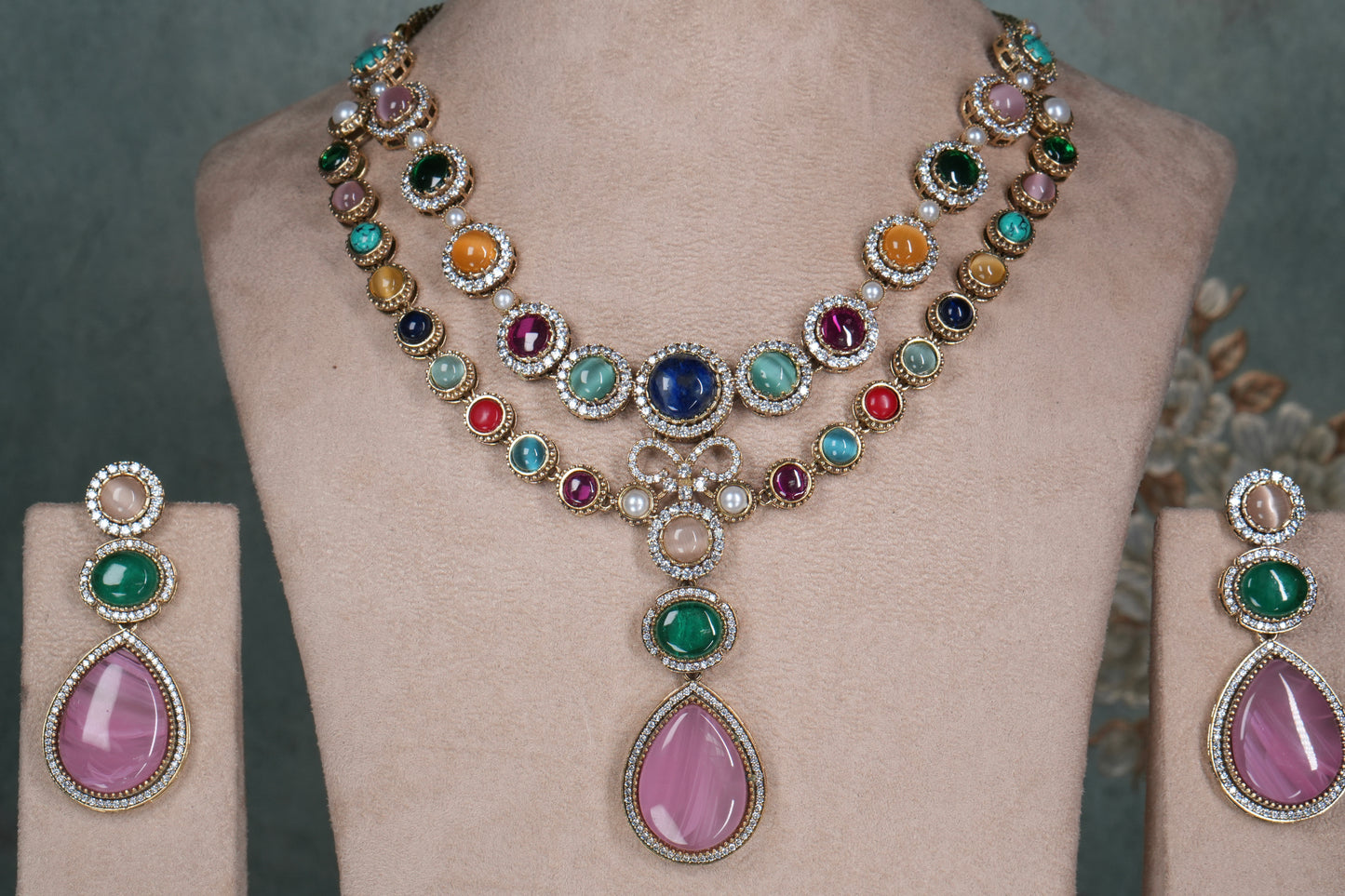 Multi Stone Polki Necklace Set(4-9045)(B)