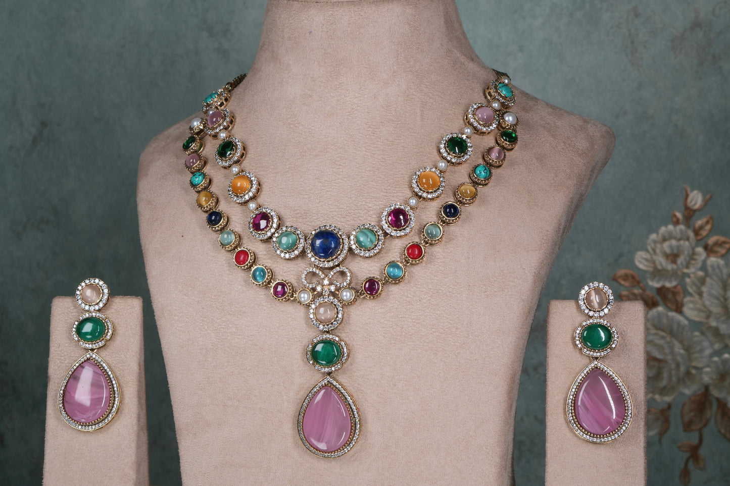 Multi Stone Polki Necklace Set(4-9045)(B)