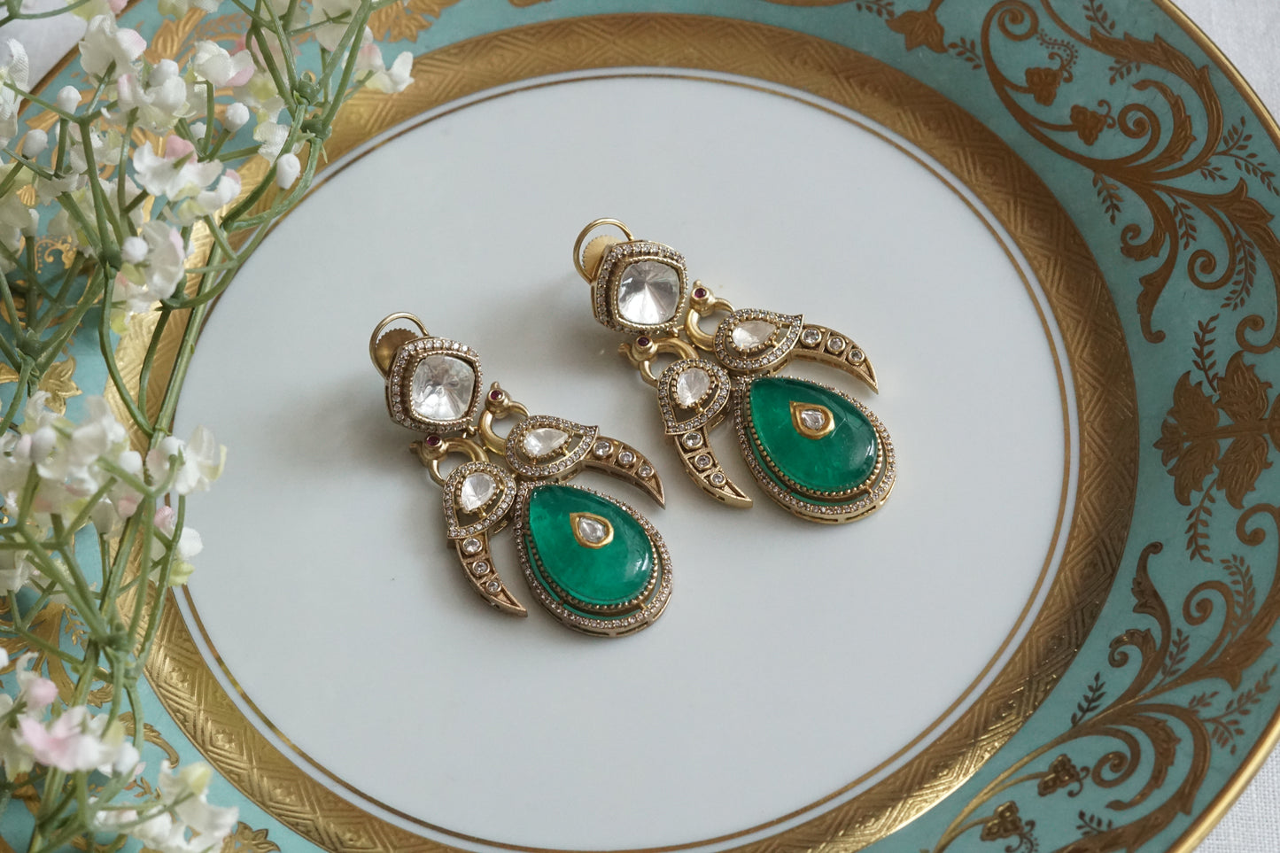 Green Stone Polki Earrings (1-5152)(B) - JEWELSTYLE