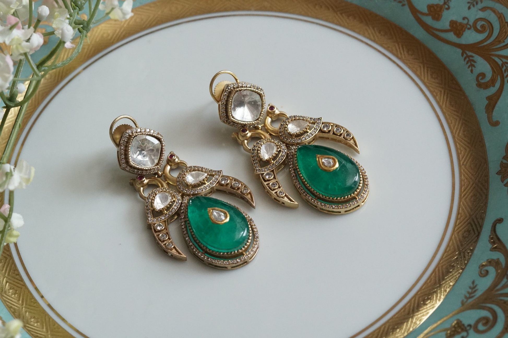 Green Stone Polki Earrings (1-5152)(B) - JEWELSTYLE