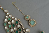 Green doublet polki bridal necklace set with maangtika (4-6926)(B)(OFFER PIECES)