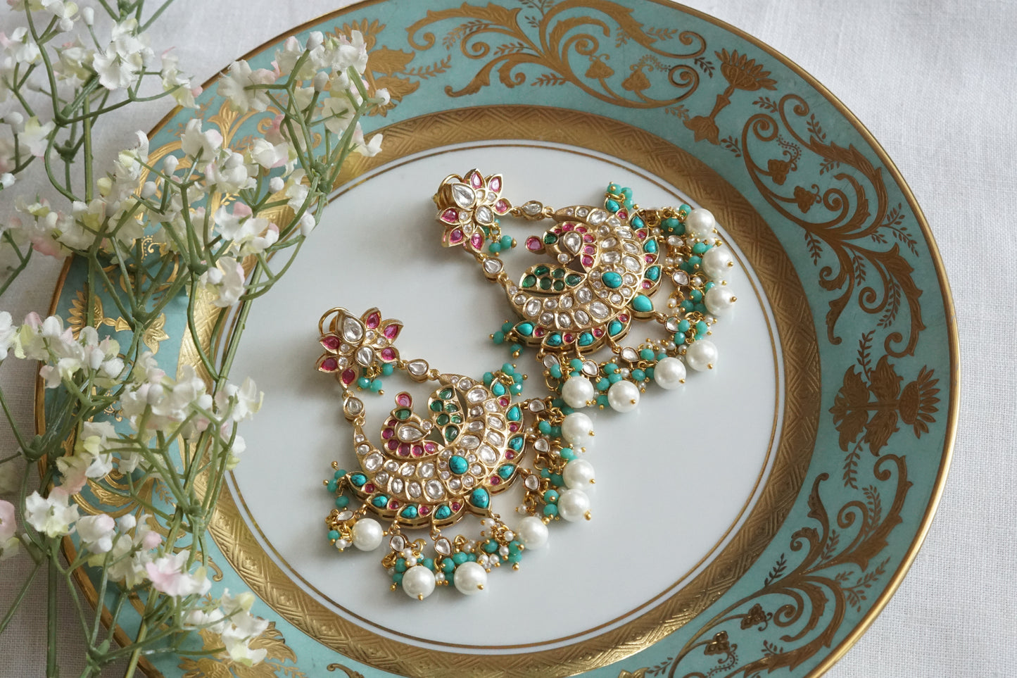 Turquoise Beads polki Chandbali Earrings (1-5165)(B) - JEWELSTYLE