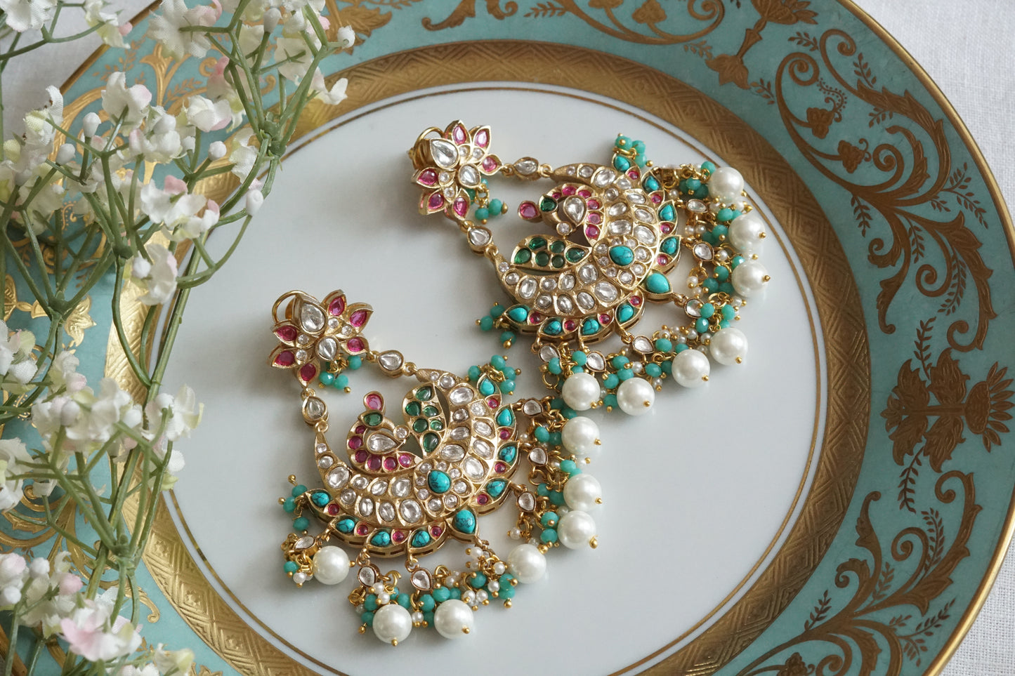 Turquoise Beads polki Chandbali Earrings (1-5165)(B) - JEWELSTYLE