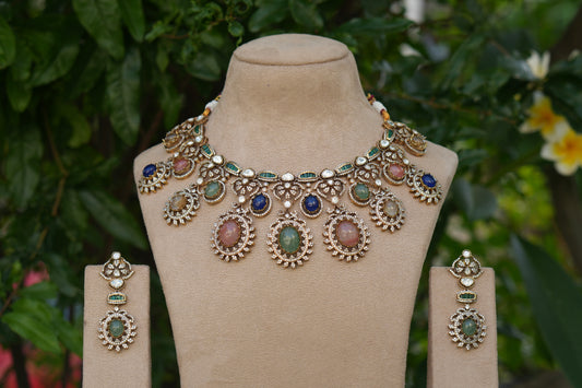 Multi Stone Polki Necklace Set(4-9047)(B)