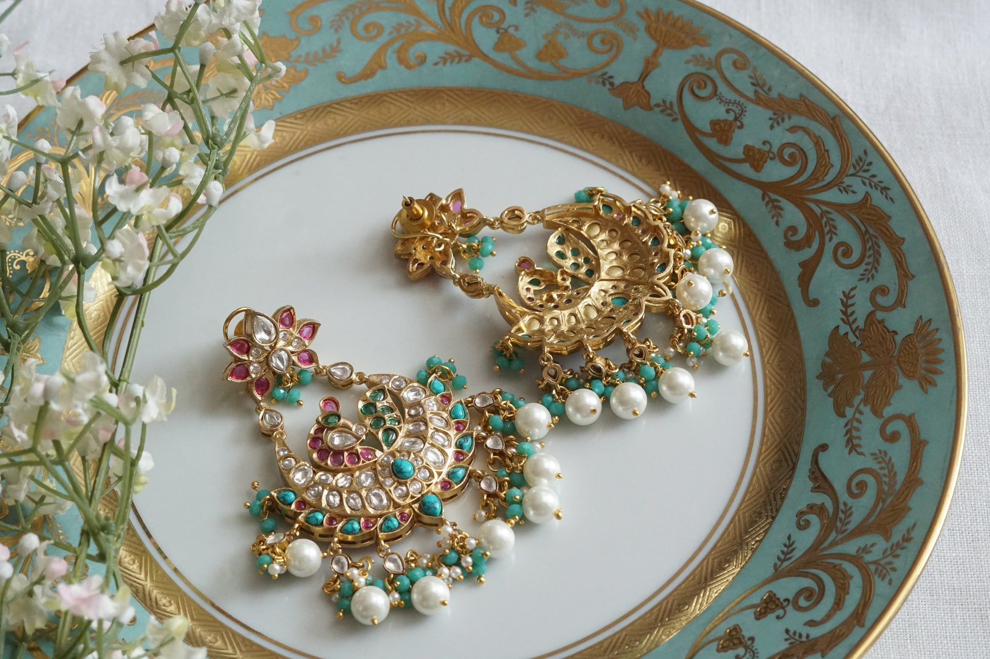Turquoise Beads polki Chandbali Earrings (1-5165)(B) - JEWELSTYLE