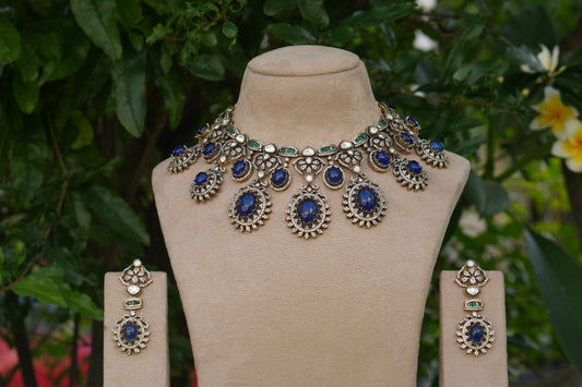 Blue Stone Polki Necklace Set(4-9048)(B)