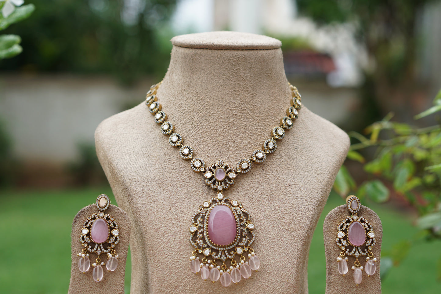 Pink stone polki set (4-8206)(EX)(ALREADY DISCOUNTED PIECE) - JEWELSTYLE